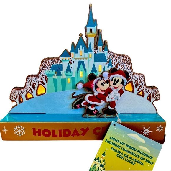NWT Disney Mickey & Minnie Skating Holiday Cheer Wood Christmas Sign Light Up - Picture 1 of 4